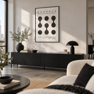 Black White Geometric Art, framed on the wall of a modern city-flat living room with a concrete floor