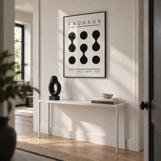 Black White Geometric Art, framed on the wall of a modern hallway