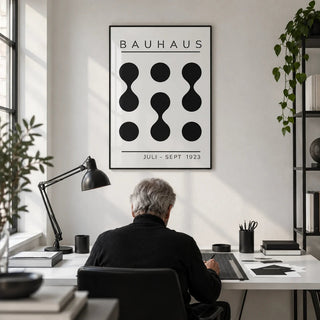 Black White Geometric Art, framed on the wall of a monochrome design studio in a home office