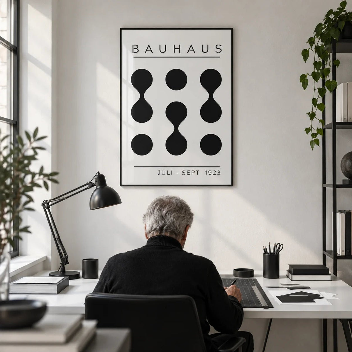 Black White Geometric Art, framed on the wall of a monochrome design studio in a home office