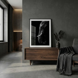 Framed black and white elephant print on a wall in a modern living room.