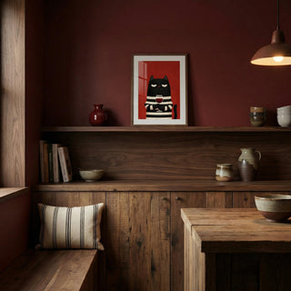 Nestaurant interior with wooden shelves, a framed picture of a cat, and various decor items.