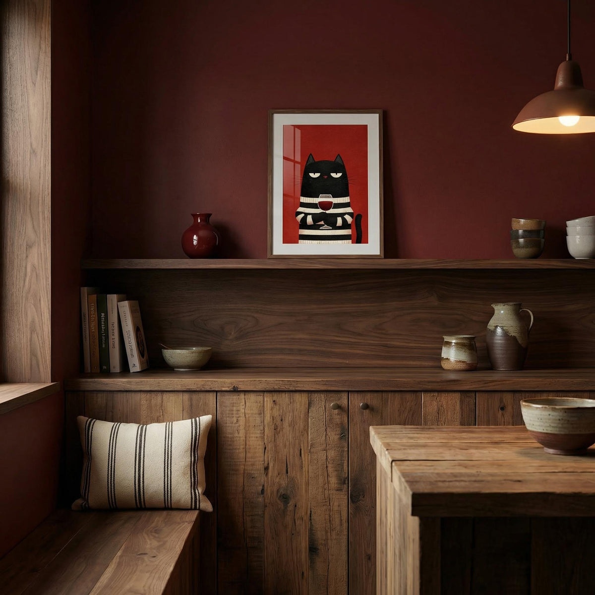 Nestaurant interior with wooden shelves, a framed picture of a cat, and various decor items.
