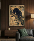 Living room with a black panther painting on the wall, a sofa with green cushions, and a lamp.