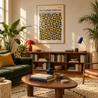 Blackpool Print, framed on the wall of a warm mid-century living room