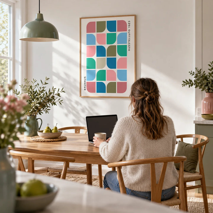 Block Colour Wall Art, framed on the wall of a bright kitchen-diner with a white wall
