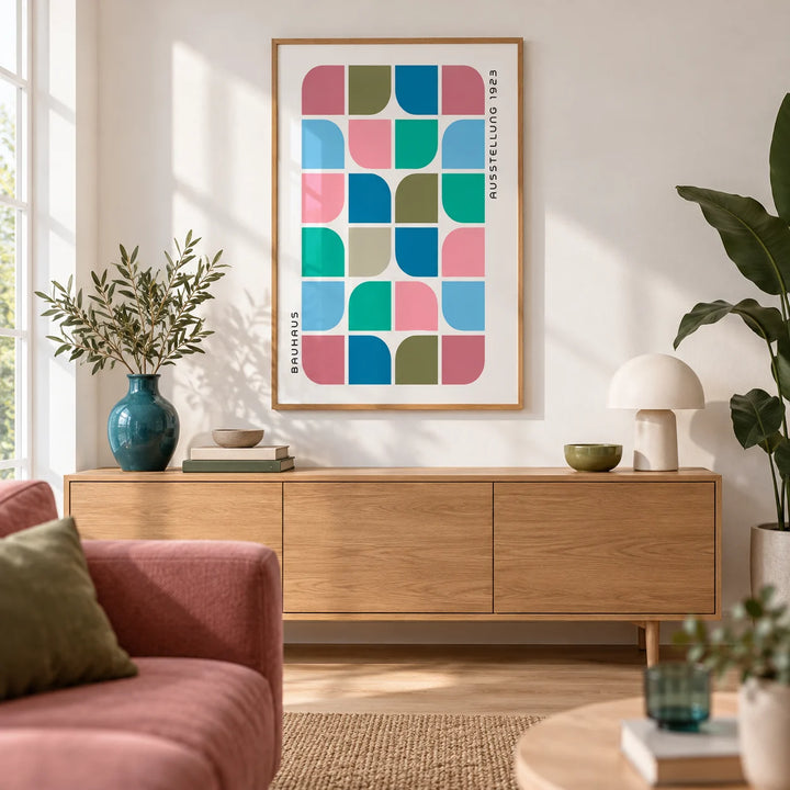 Block Colour Wall Art, framed on the wall of a bright living room with a white wall