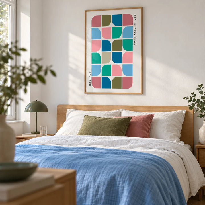 Block Colour Wall Art, framed on the wall of a calm bedroom with a white wall