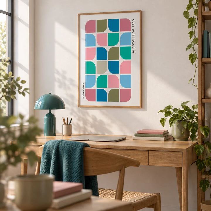 Block Colour Wall Art, framed on the wall of a home office with a white wall