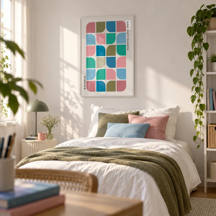 Block Colour Wall Art, framed on the wall of a young lady's bedroom (18-25) with a white wall