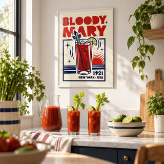 Bloody Mary Poster, framed on the wall of a bright kitchen set for brunch