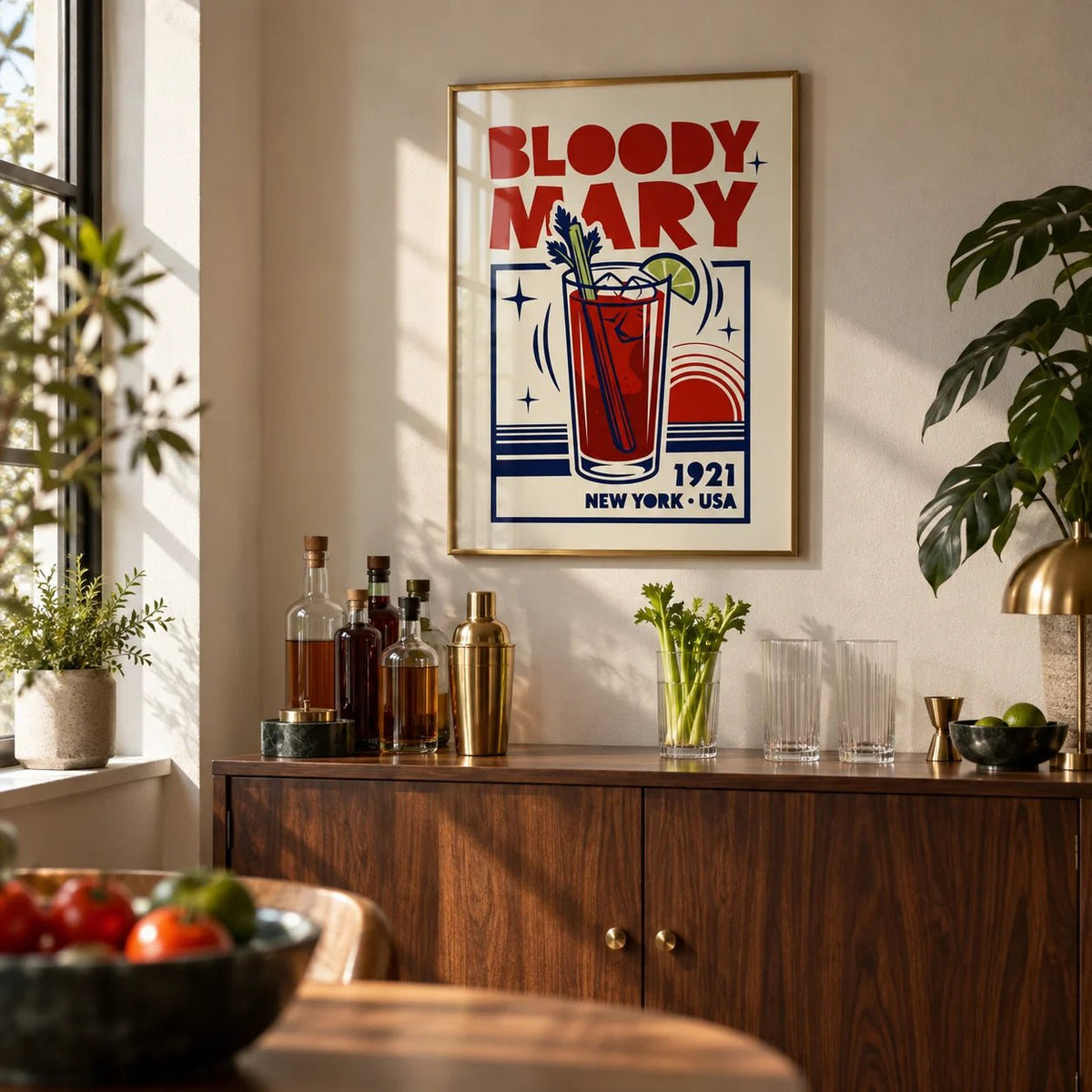 Bloody Mary Poster, framed on the wall of a home bar corner in a living room