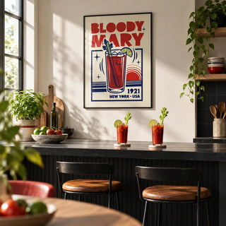 Bloody Mary Poster, framed on the wall of a modern kitchen-diner