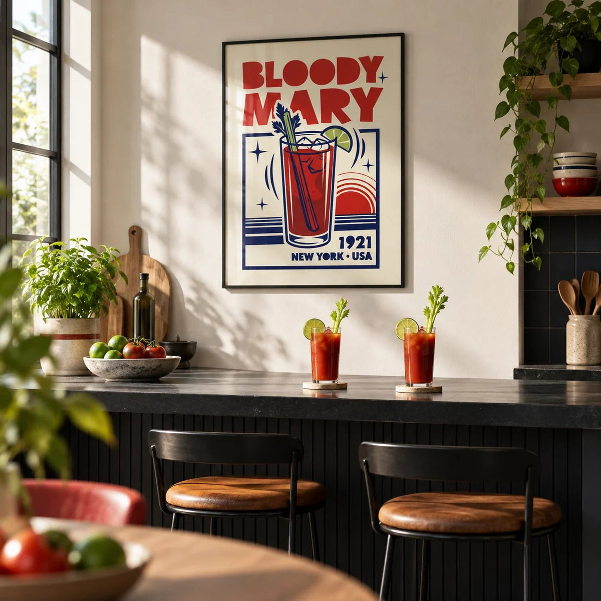 Bloody Mary Poster, framed on the wall of a modern kitchen-diner