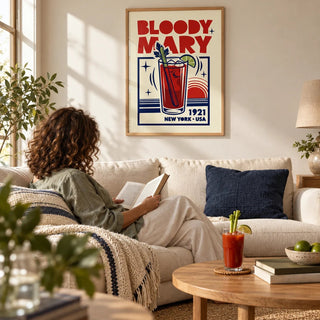 Bloody Mary Poster, framed on the wall of a relaxed living room on a weekend morning