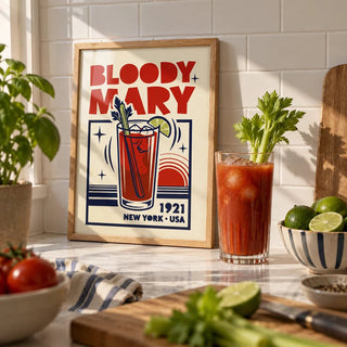 Bloody Mary Poster, a small A4 framed print leaning on a worktop in a kitchen