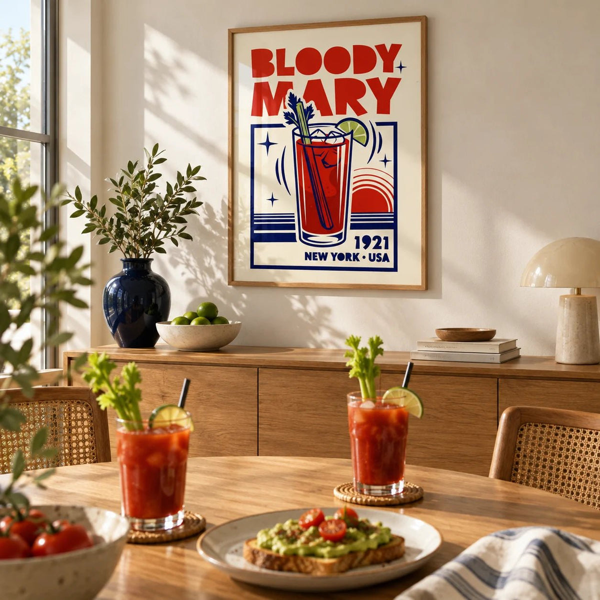 Bloody Mary Poster, framed on the wall of a sunny dining room