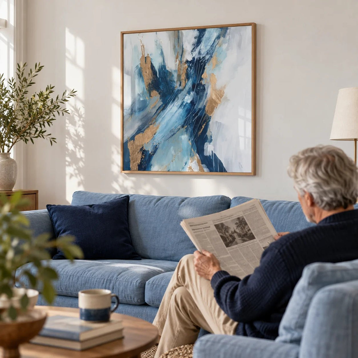 Blue Abstract Wall Art, framed on the wall of a bright living room corner with a white wall