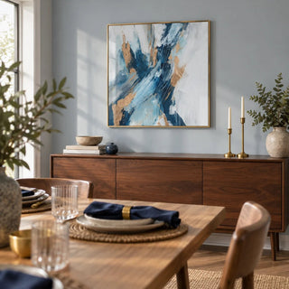 Blue Abstract Wall Art, framed on the wall of a dining room with a pale blue-grey wall
