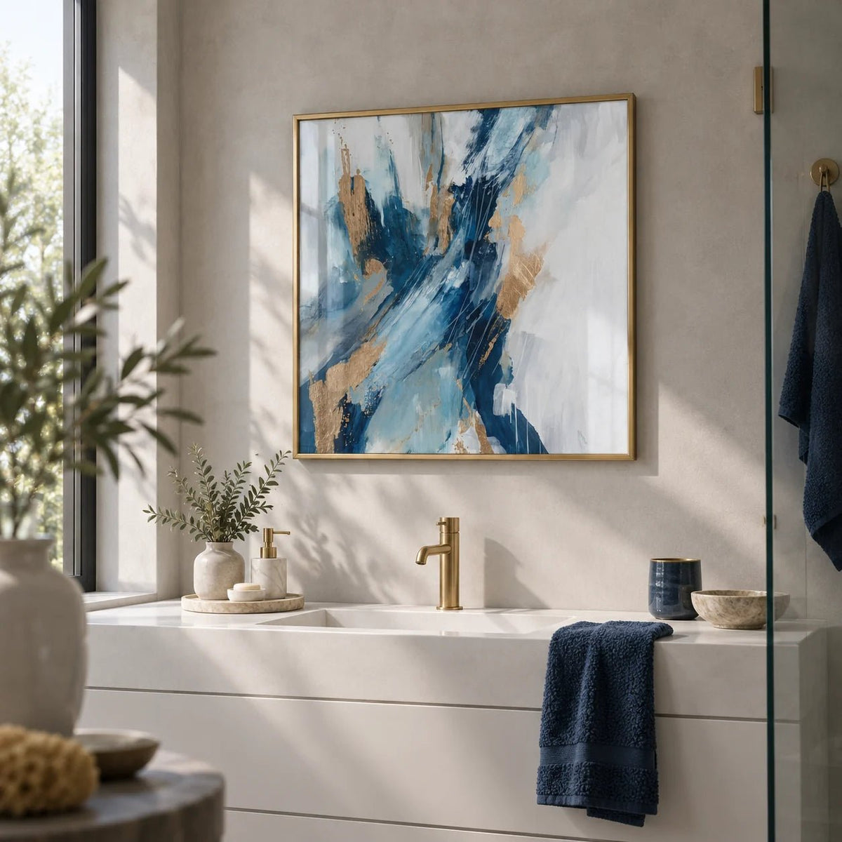 Blue Abstract Wall Art, framed on the wall of a modern bathroom with pale grey microcement walls
