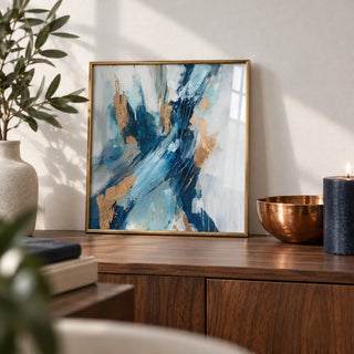 Blue Abstract Wall Art, a small A4 framed print leaning on a walnut sideboard in a living room