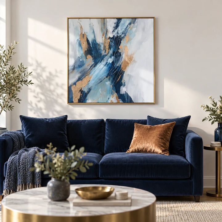 Blue Abstract Wall Art, framed on the wall of a smart modern living room with a soft white wall