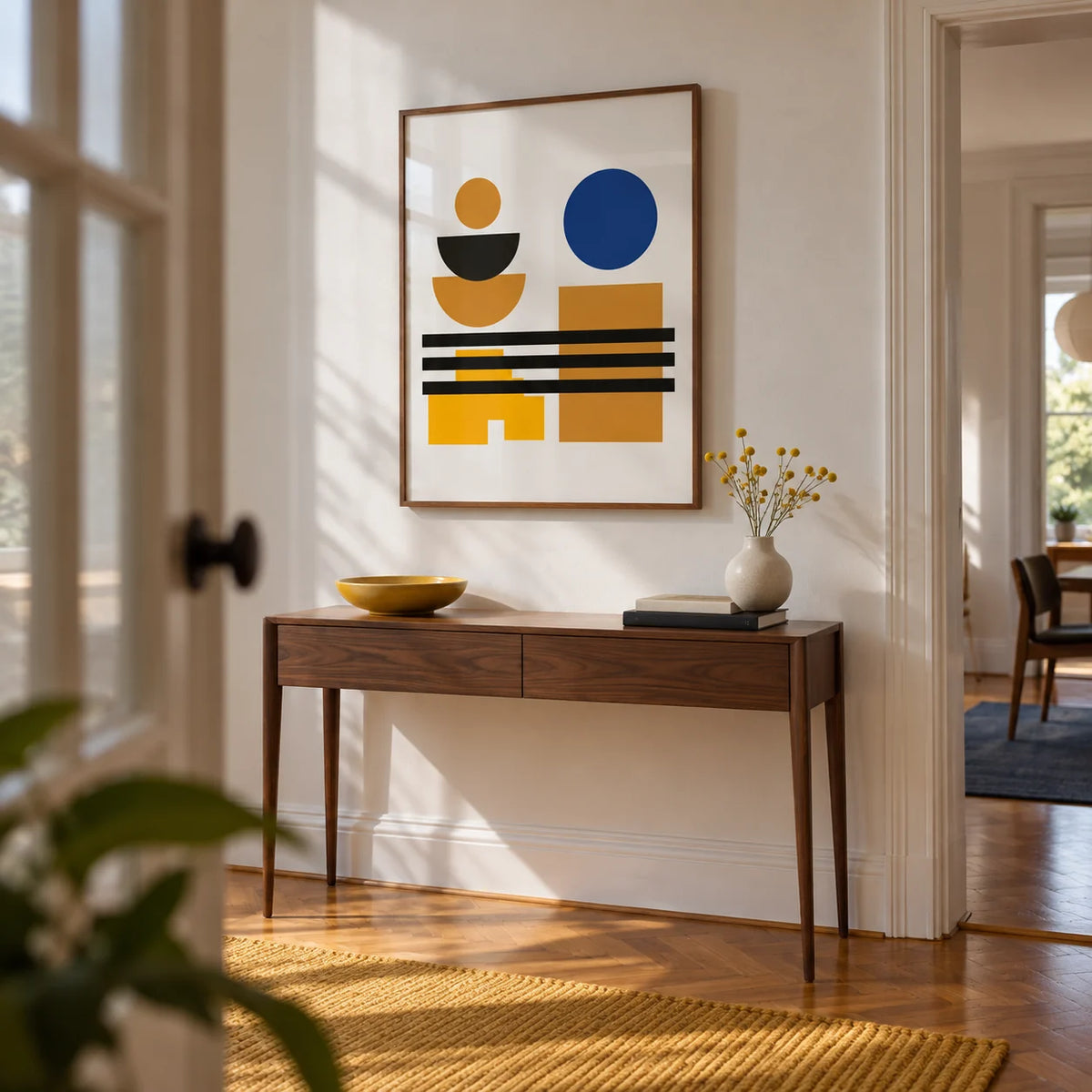 Blue and Brown Wall Art, framed on the wall of a mid-century hallway with a white wall and a parquet floor