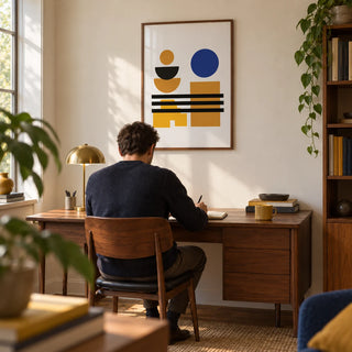 Blue and Brown Wall Art, framed on the wall of a mid-century home study with a warm white wall