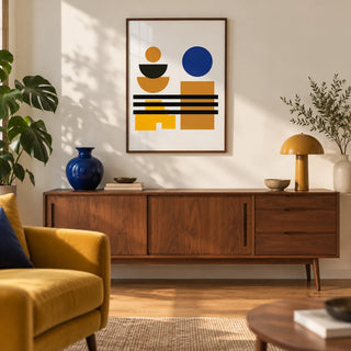 Blue and Brown Wall Art, framed on the wall of a mid-century modern living room with a warm white wall and an oak floor