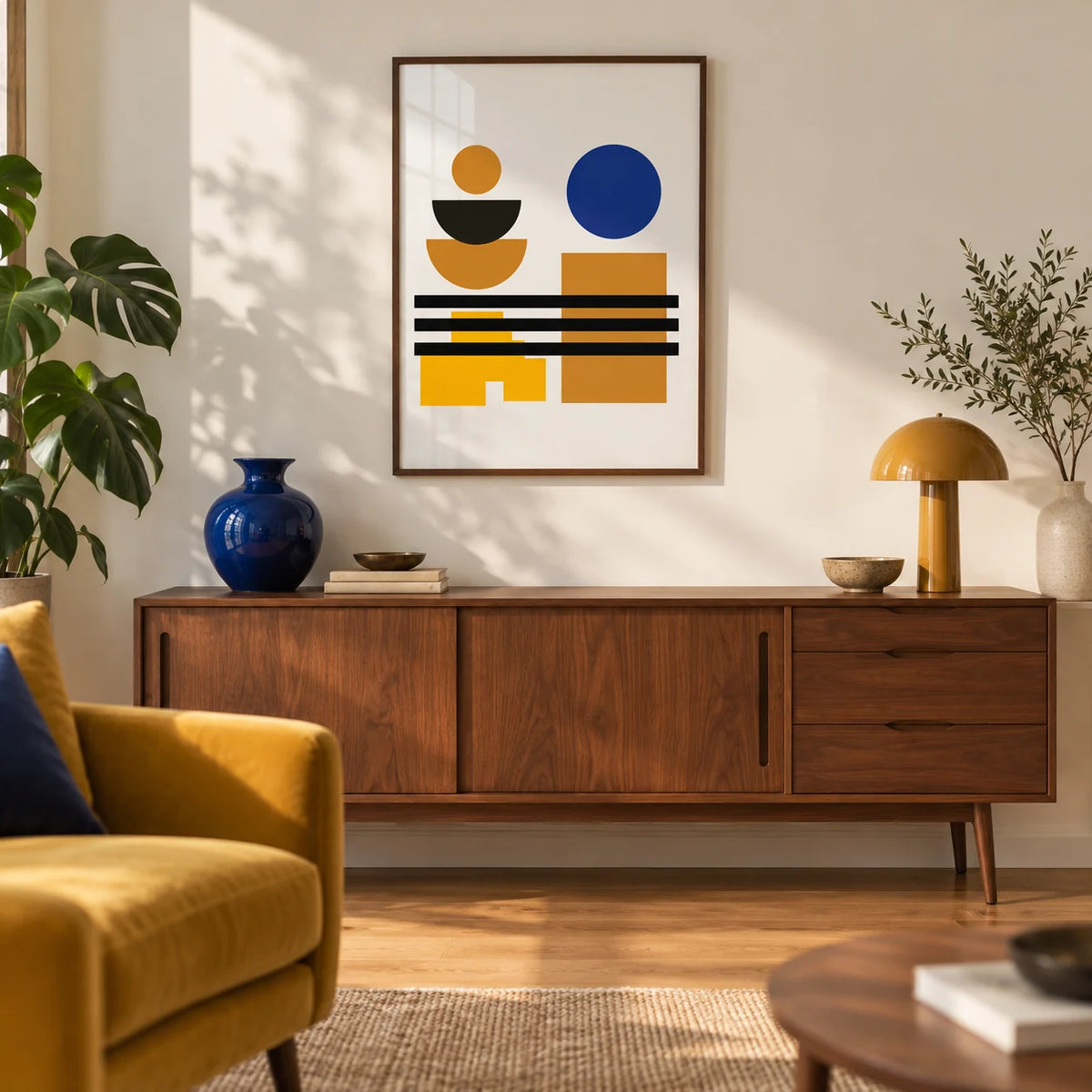 Blue and Brown Wall Art, framed on the wall of a mid-century modern living room with a warm white wall and an oak floor