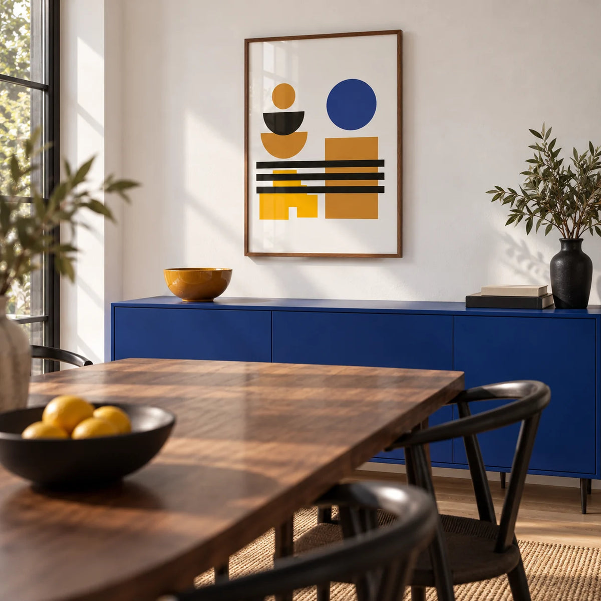 Blue and Brown Wall Art, framed on the wall of a modern dining room with a white wall