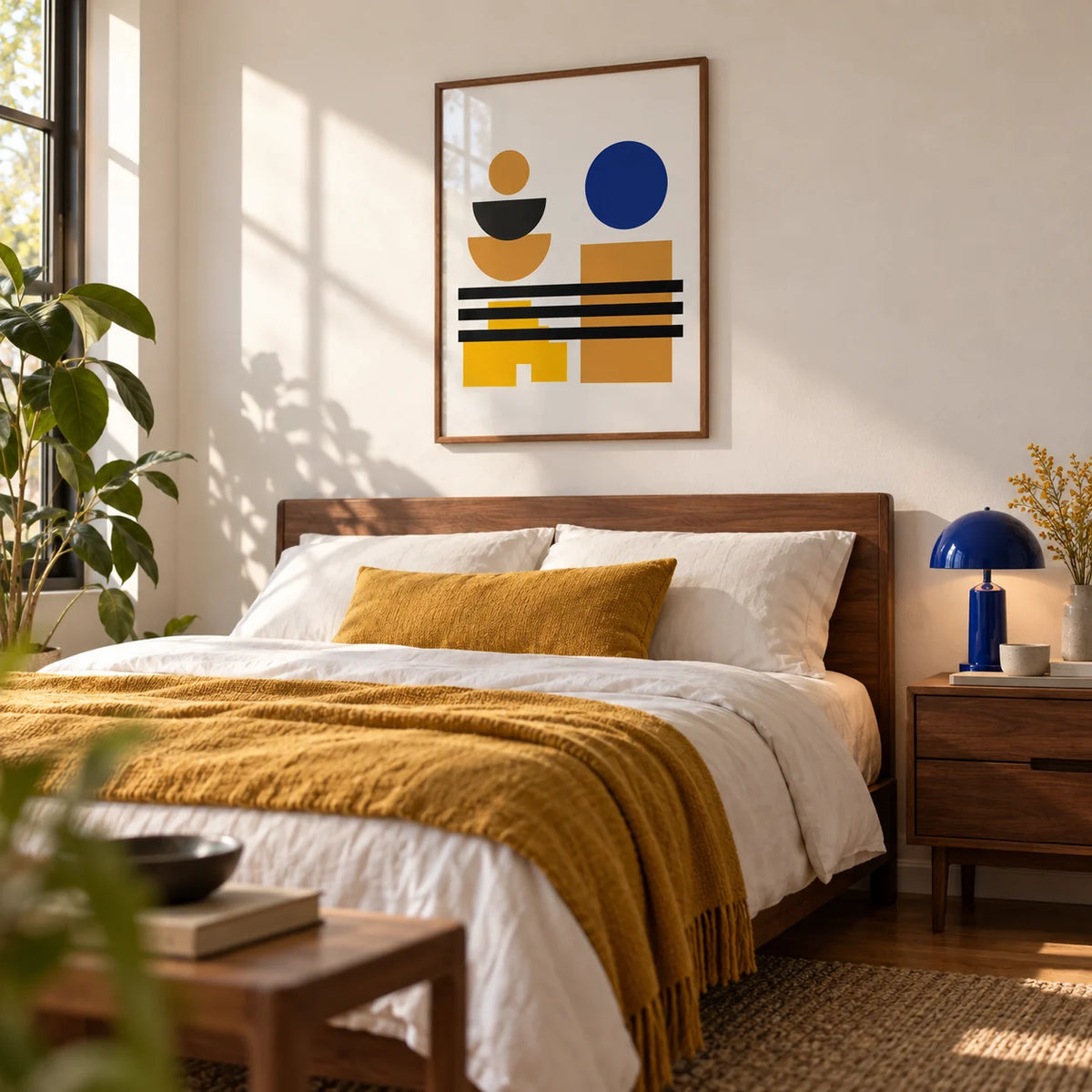 Blue and Brown Wall Art, framed on the wall of a warm modern bedroom with a soft white wall