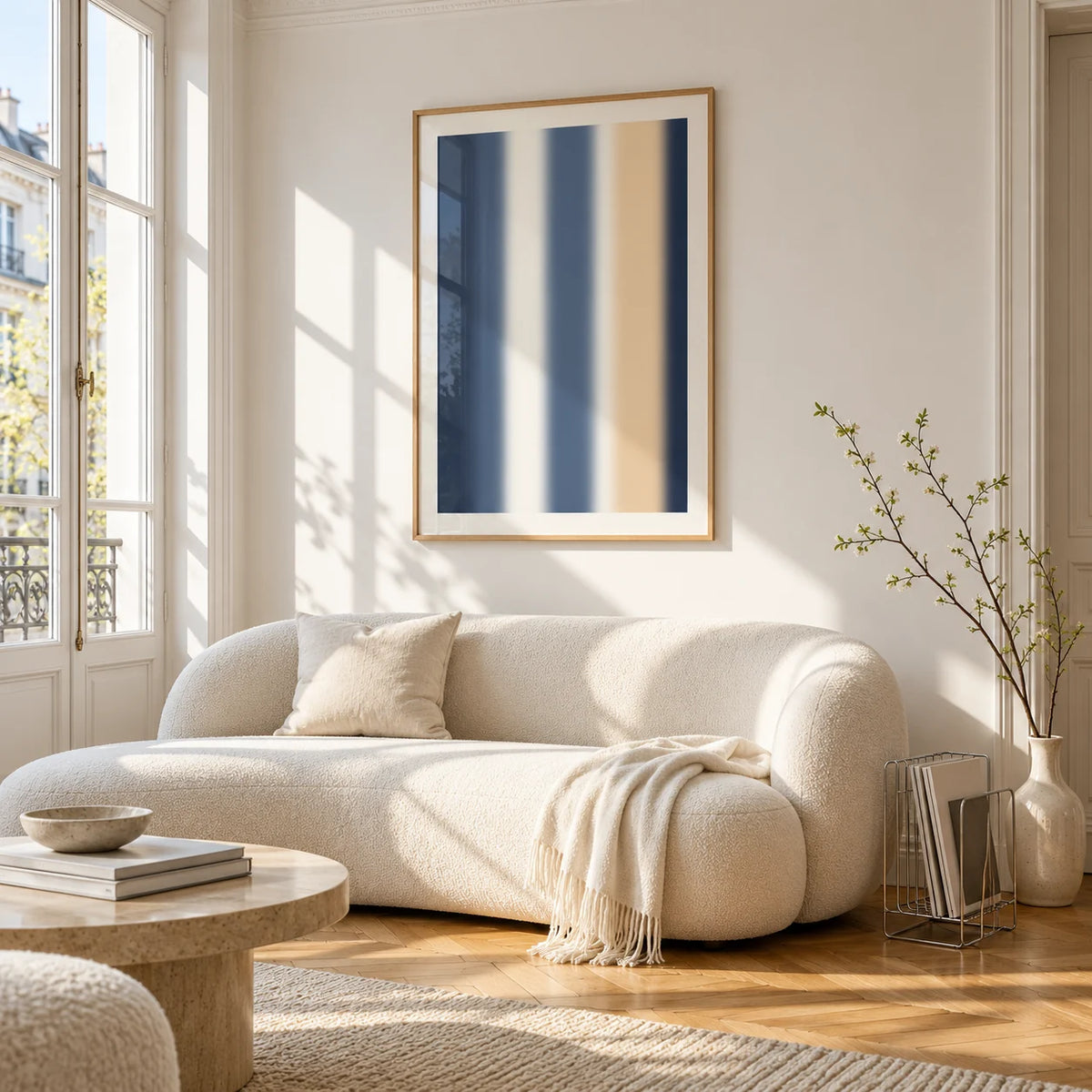 Blue and Cream Wall Art, framed on the wall of a bright living room corner
