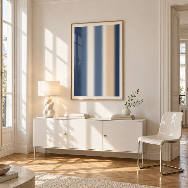 Blue and Cream Wall Art, framed on the wall of a bright Paris style apartment in a living room