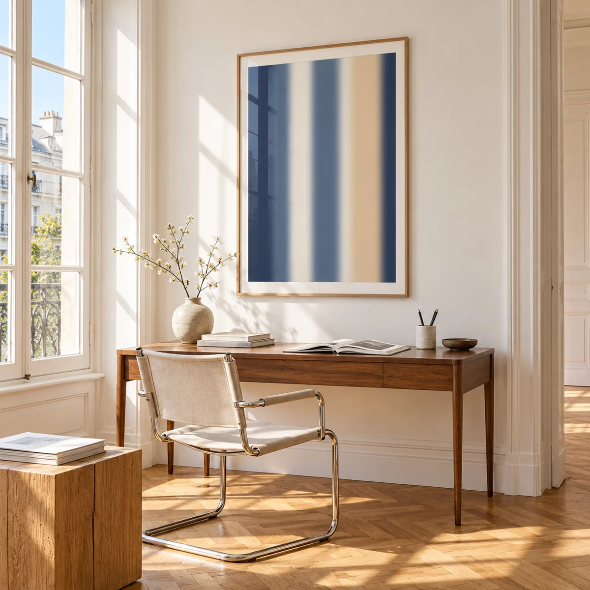 Blue and Cream Wall Art, framed on the wall of a bright study corner with a tall white paned window