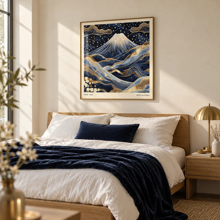 Blue and Gold Wall Art, framed on the wall of a calm elegant bedroom with a soft cream wall