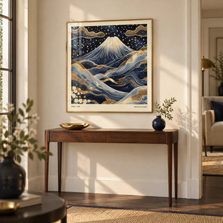 Blue and Gold Wall Art, framed on the wall of an elegant entrance hall with a warm white wall and a dark wood floor