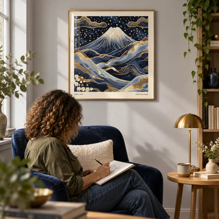 Blue and Gold Wall Art, framed on the wall of a quiet reading corner with a pale grey wall in a living room