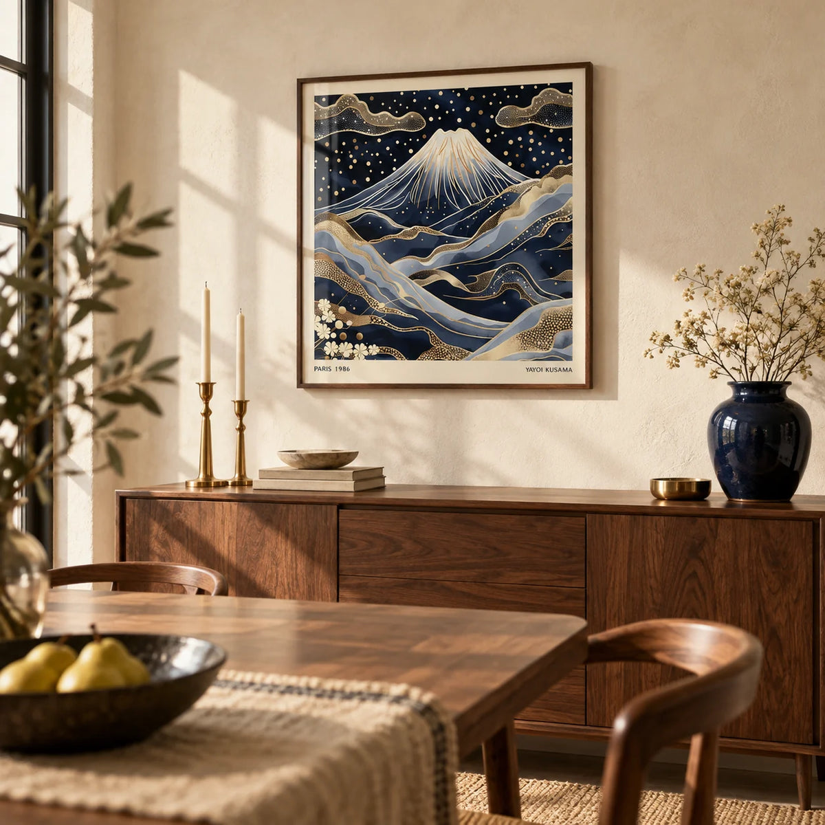 Blue and Gold Wall Art, framed on the wall of a refined dining room with a warm cream limewashed wall