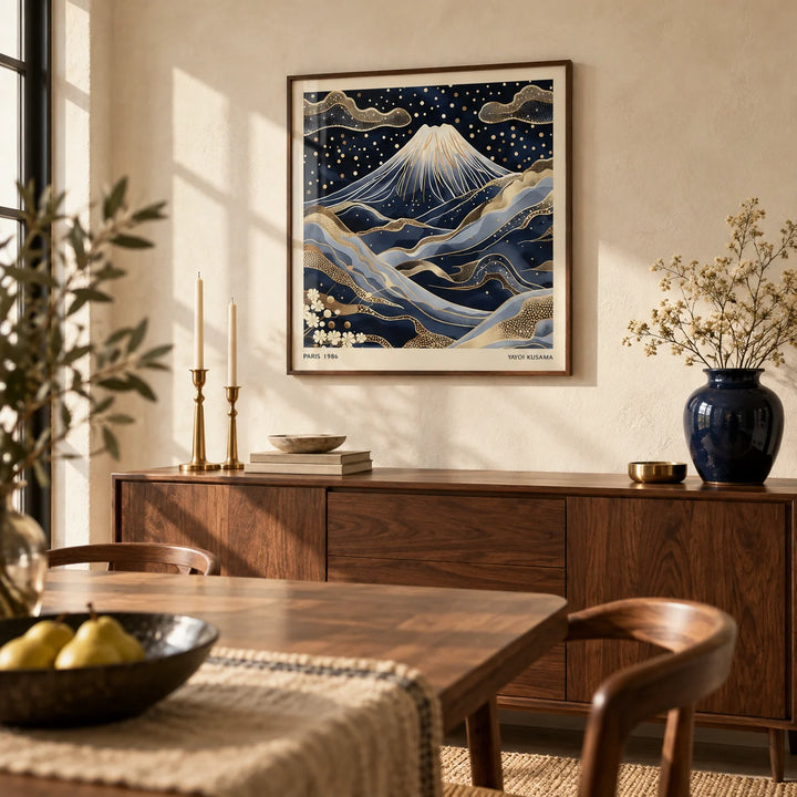Blue and Gold Wall Art, framed on the wall of a refined dining room with a warm cream limewashed wall