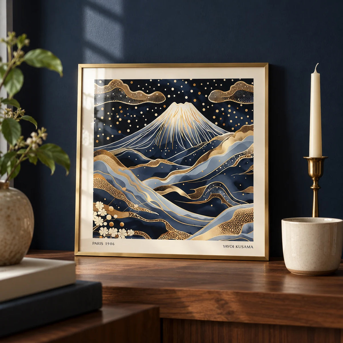 Blue and Gold Wall Art, a small A4 framed print leaning on a walnut shelf in a living room