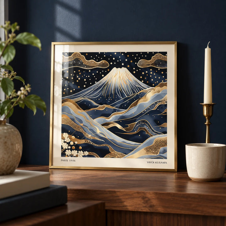 Blue and Gold Wall Art, a small A4 framed print leaning on a walnut shelf in a living room