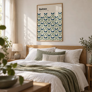 Blue and Green Wall Art, framed on the wall of a calm bedroom with a soft white wall