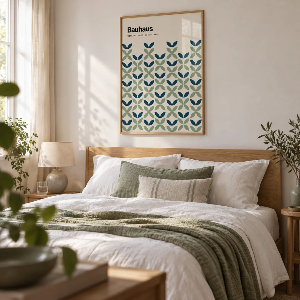 Blue and Green Wall Art, framed on the wall of a calm bedroom with a soft white wall
