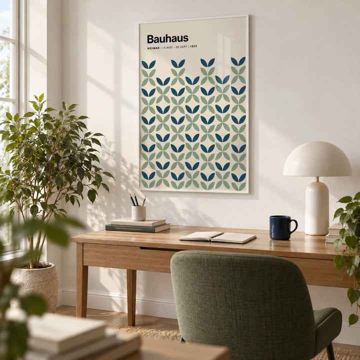 Blue and Green Wall Art, framed on the wall of a calm home office with a white wall