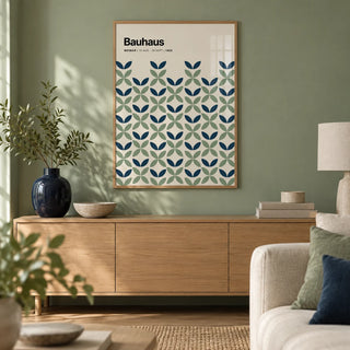 Blue and Green Wall Art, framed on the wall of a calm modern living room with a plain sage green wall