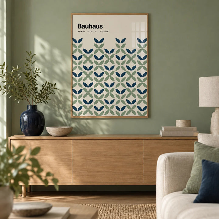 Blue and Green Wall Art, framed on the wall of a calm modern living room with a plain sage green wall