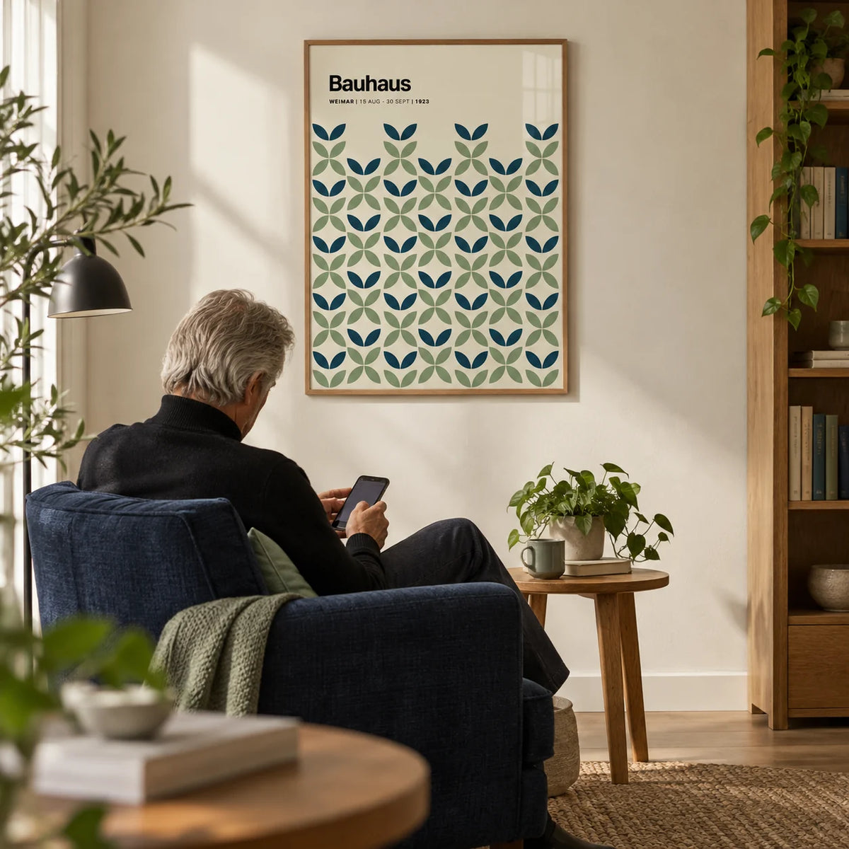 Blue and Green Wall Art, framed on the wall of a quiet reading corner with a cream wall in a living room