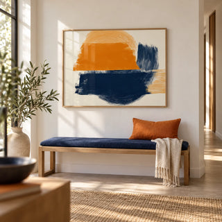 Blue And Orange Abstract Art, framed on the wall of a bright hallway with a white wall