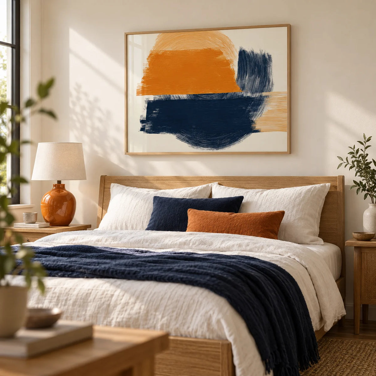 Blue And Orange Abstract Art, framed on the wall of a calm bedroom with a cream wall